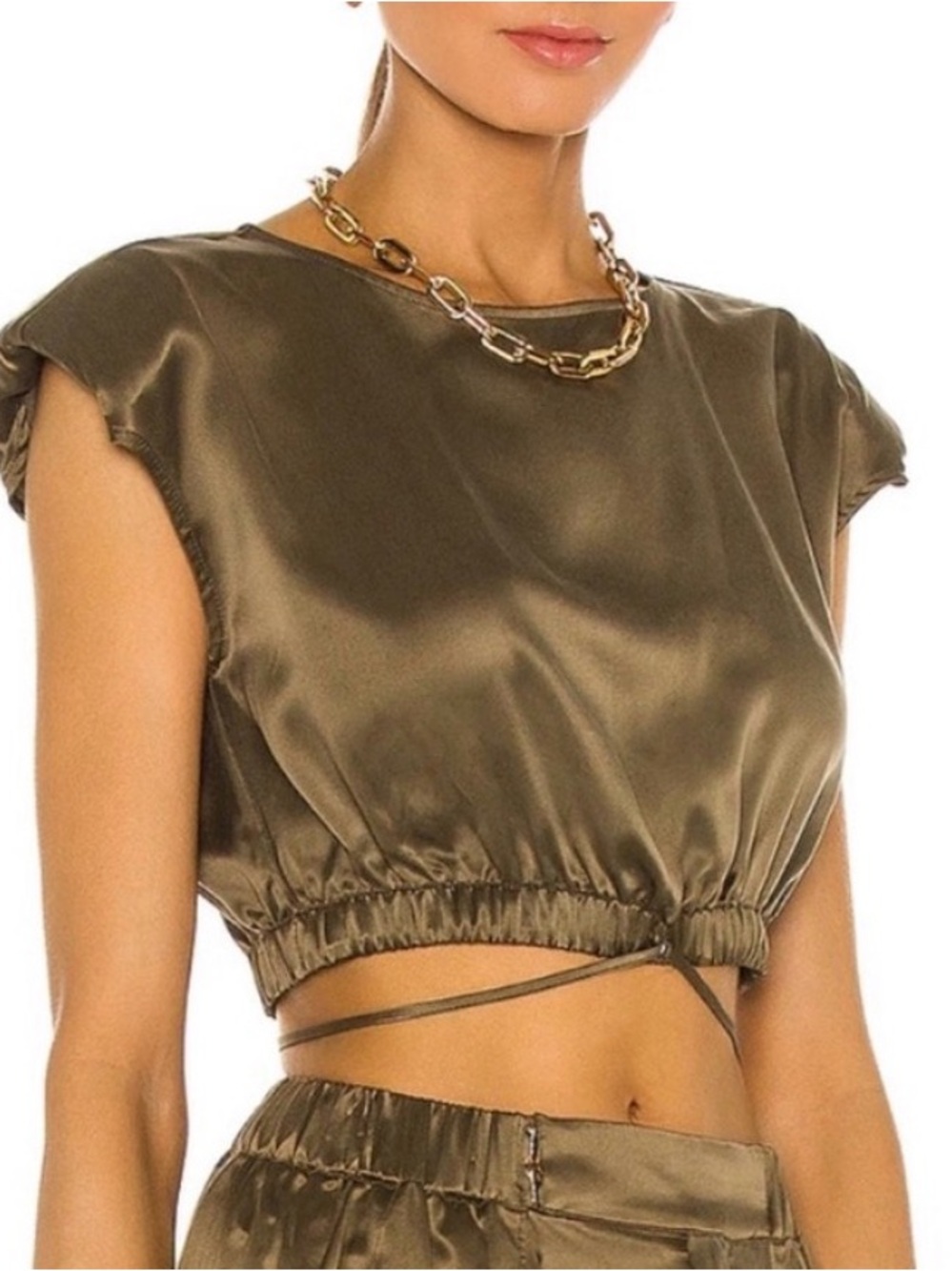 NICHOLAS Cream Rey Silk Drawstring Crop Top